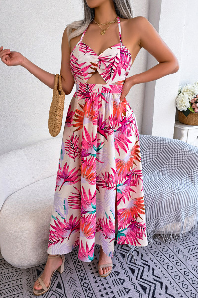 Bohemian Vacation Floral Hollowed Out Frenulum Halter Printed Dress Dresses