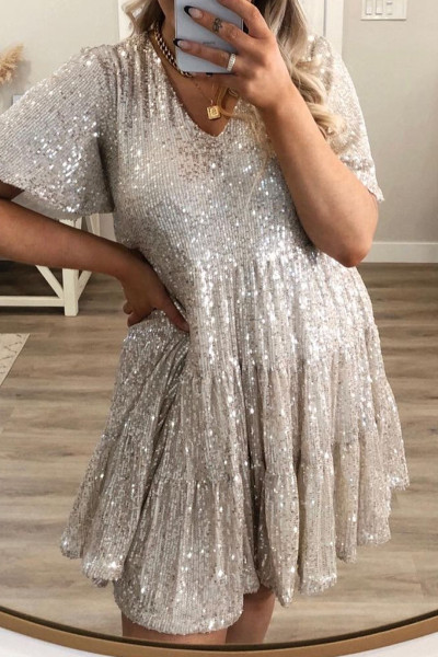 Casual Solid Sequins Sequined O Neck A Line Dresses