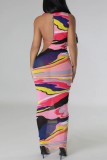 Sexy Print Hollowed Out See-through Backless Asymmetrical Half A Turtleneck Sleeveless Three Piece Set