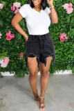 Casual Solid Color Ripped High Waist Regular Denim Shorts