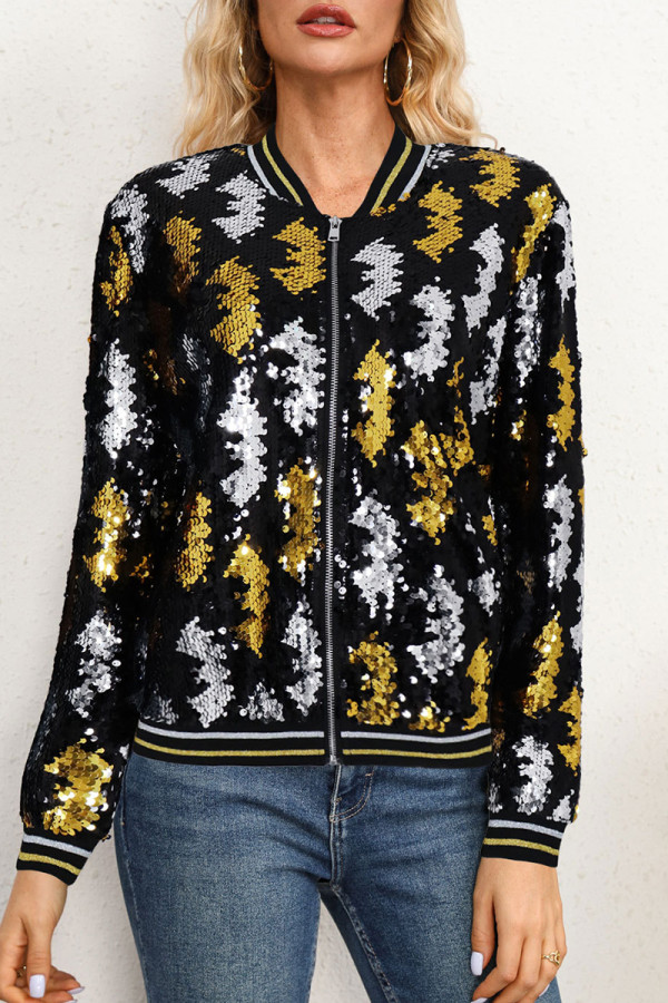 Street Sequins Patchwork Zipper Outerwear