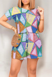 Casual Geometric Print Draw String Pocket Contrast O Neck Loose Rompers