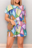 Casual Geometric Print Draw String Pocket Contrast O Neck Loose Rompers