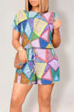 Casual Geometric Print Draw String Pocket Contrast O Neck Loose Rompers
