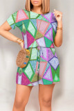 Casual Geometric Print Draw String Pocket Contrast O Neck Loose Rompers