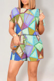 Casual Geometric Print Draw String Pocket Contrast O Neck Loose Rompers