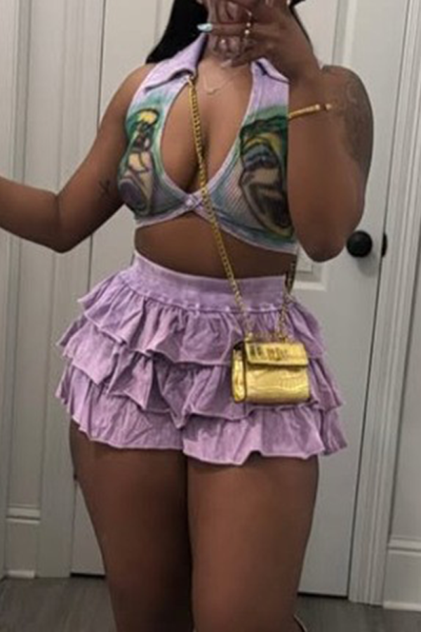 Sexy Print Patchwork Tiered Layer Deep V Neck Sleeveless Two Pieces
