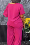 Casual Solid Color Hollow Out Patchwork Asymmetrical Collar Plus Size Two Pieces
