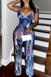 Casual Print Patchwork Deep V Neck Jumpsuits