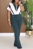 Casual Patchwork Zipper Zipper Collar Jumpsuits