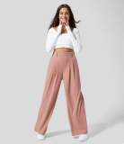 High Waisted Plicated Side Pocket Wide Leg Solid Palazzo Waffle Casual Pants——Buy 2 & free shipping