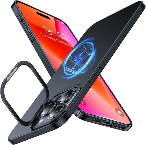 TORRAS Magnetic Slim Fit for iPhone 16 Pro Case with Stand, Compatible with MagSafe, Built-in Stash Stand, Ultra Thin 16 Pro Case, Lightweight Anti-Scratch Matte Hard Phone Case 6.3 inch, Black