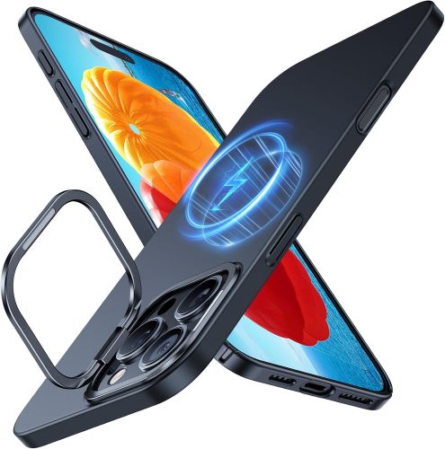 TORRAS Magnetic Slim Fit for iPhone 16 Pro Case with Stand, Compatible with MagSafe, Built-in Stash Stand, Ultra Thin 16 Pro Case, Lightweight Anti-Scratch Matte Hard Phone Case 6.3 inch, Black