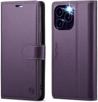 Compatible with iPhone 16 Pro 6.3  Wallet Case with RFID Blocking Credit Card Holder, PU Leather Folio Flip Kickstand Protective Shockproof Cover Women Men for Apple 16 pro Phone Case (Purple)