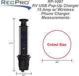 RecPro Pop Up Outlet Charger w/Wireless Phone Charger, USB 15 Amp