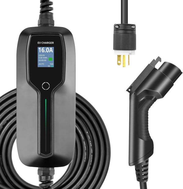 10/16A EV Charger Level 1+2, 20ft Charging Cable NEMA 6-20 Plug with LCD Display Portable EV Charging Station for Electric and Hybrid Vehicles