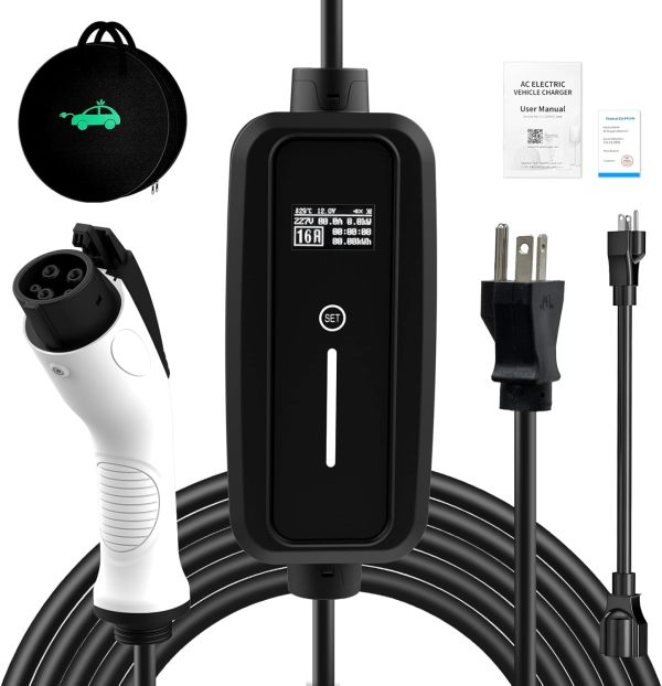 SubSun Level 1&2 EV Charger 110-240V, adjustable current (8/10/13/16A) 17 ft cable, Portable Electric Vehicle Charger with NEMA5-15P & 6-20 plug 16A adjustable current/delay charging for SEA J1772 EVs