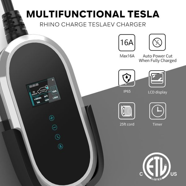 Rhino Charge P1001 EV Charger 16 Amp, ETL Certified Level 1 NEMA Plug, 16 ft Extension Cord, Portable&Wall Mounted Electric Car Charger for Model 3/Y/S/X (16A)