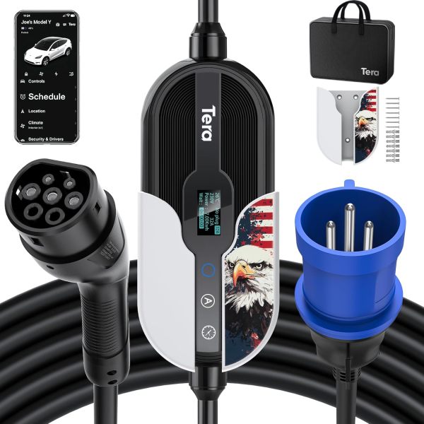 Tera Electric Vehicle Charger Level-2: Level 1 for Tesla J1772 EV 32A 8A 110V 240V Portable & Wall Connector Dual Use ETL NEMA 14-50 & 5-15 Wi-Fi Enabled 25FT Cable with Holder P01
