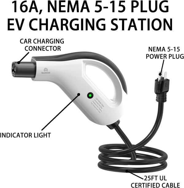 Efficient Charging Solution: Best Volt for Tesla | 120V/16A Power EV Buddy Level 1, NEMA 5-15 Plug，25ft Extension Cord, IP65, Compatible with Tesla Model 3/X/Y/Cyber Truck，with Carry Bag