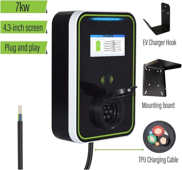 Electric Vehicle Charging Stations EV Charger 32A Wallbox Electric Vehicle Car Charging Station 220V Type 2 1 Phase 7KW IEC 62196-2 (Color : with Screen, Size : Type2)
