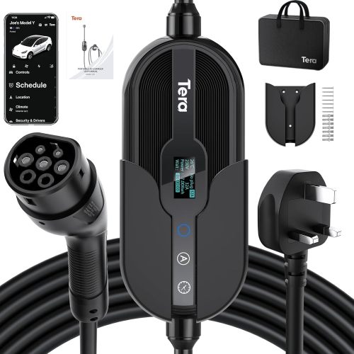 Tera Electric Vehicle Charger Level-2: Level 1 for Tesla J1772 EV 32A 8A 110V 240V Portable & Wall Connector Dual Use ETL NEMA 14-50 & 5-15 Wi-Fi Enabled 25FT Cable with Holder P01