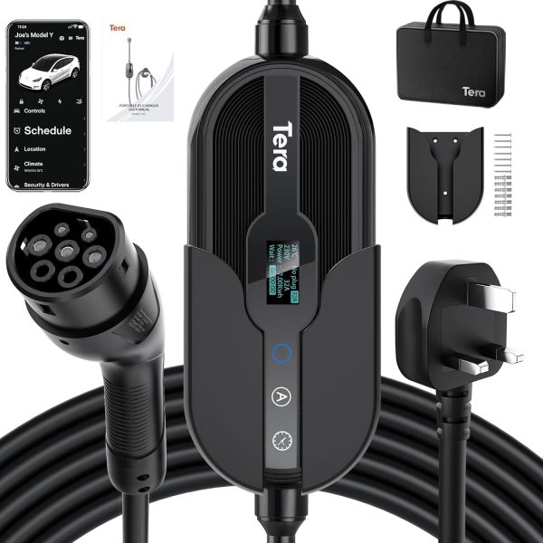 Tera Electric Vehicle Charger Level-2: Level 1 for Tesla J1772 EV 32A 8A 110V 240V Portable & Wall Connector Dual Use ETL NEMA 14-50 & 5-15 Wi-Fi Enabled 25FT Cable with Holder P01