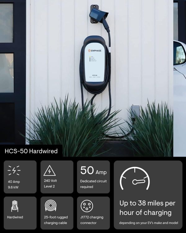 40 Amp EV Charger, Enphase HCS-50 (Formerly ClipperCreek), 9.6kW, 240V Hardwired, 5-Year Warranty, 25 ft Cable, J1772 Ruggedized Connector