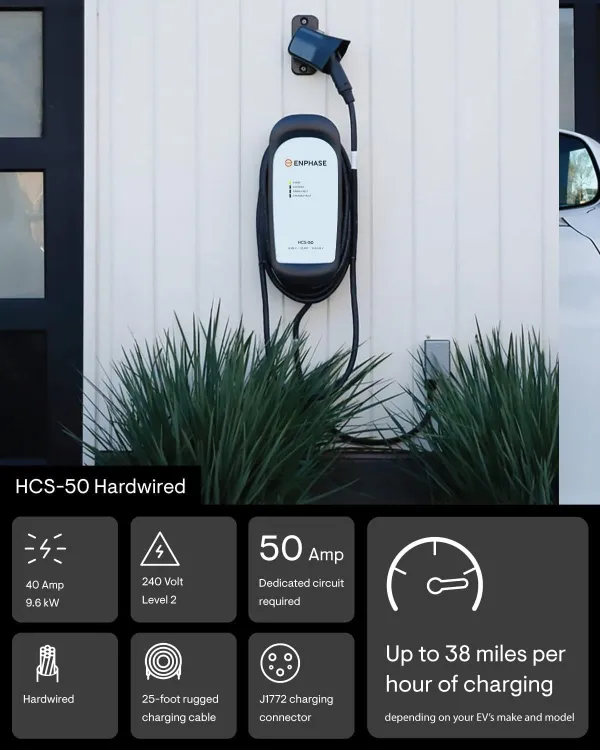 40 Amp EV Charger, Enphase HCS-50 (Formerly ClipperCreek), 9.6kW, 240V Hardwired, 5-Year Warranty, 25 ft Cable, J1772 Ruggedized Connector