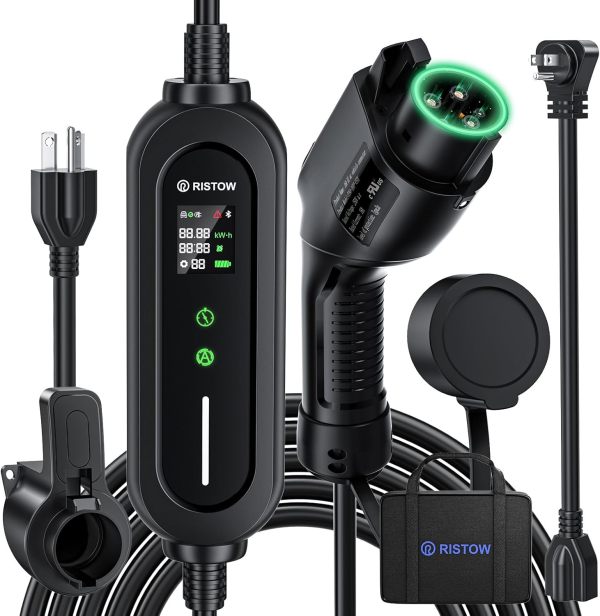 Level 2 EV Charger, Portable EV Charger Station for Outdoor/Indoor, Adjustable 6-16Amp Electric Car Charger Station (NEMA 6-20 NEMA 5-15 Adapter, 110-240V 25FT with EV Charger Holder) (Black)