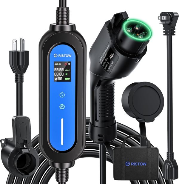 Level 2 EV Charger, Portable EV Charger Station for Outdoor/Indoor, Adjustable 6-16Amp Electric Car Charger Station (NEMA 6-20 NEMA 5-15 Adapter, 110-240V 25FT with EV Charger Holder) (Black)