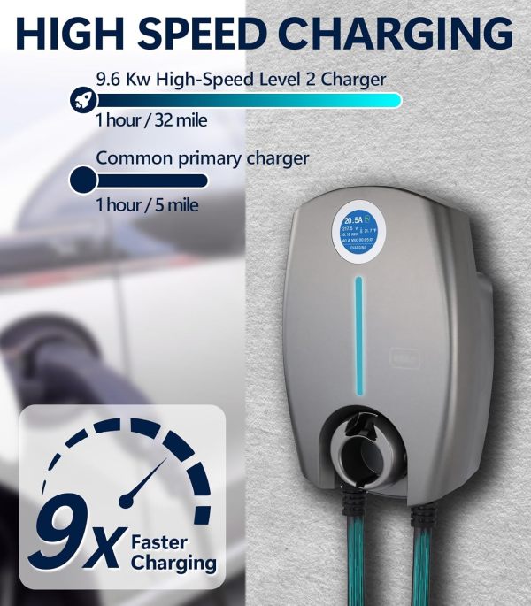 Home Smart Level 2 EV Charger up to 40 Amp，Outdoor Fast Charging Station with NEMA 14-50 Plug for All J1772 Electric Vehicles, Wi-Fi and Bluetooth Enabled EVSE, 25-Foot Cable