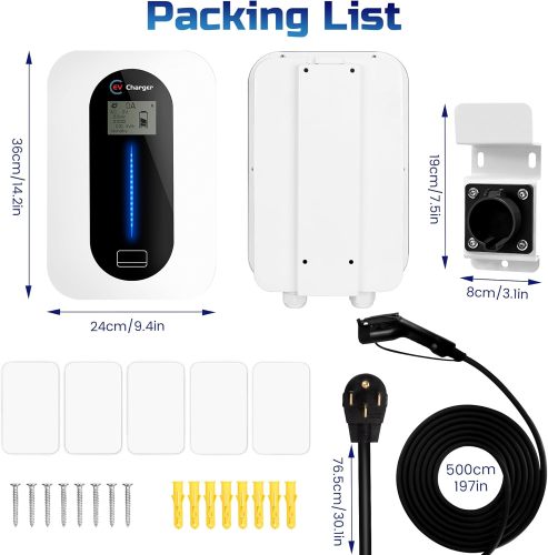 Level 2 Electric Vehicle AC Charging Stations 32Amp/7KW 240V Wall-Mount Indoor/Outdoor Electric Car Fast Home Charging Station with Flexible 16ft Cable Electric Vehicle Charging Equipment