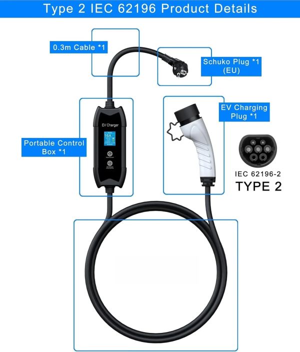 Type 2 to Schuko Home EV Charging Station, Portable IEC 62196-2 EV Charger, 1-15hr Delay Timer, 8A-16A, 3.5kW (10-metre Cable)