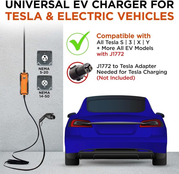 Voltre M2 Level 1 & 2 EV Charger for Tesla & EVs | 25 Ft MAX Cable | 8-16/32A 110-240V Portable Electric Car Fast Charger |14-50, 5-20 Plug | Electric Vehicle Charger for J1772 Evs