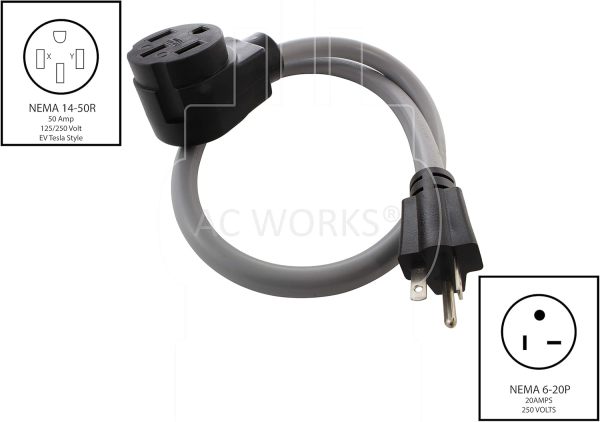 AC WORKS Electric Vehicle Charging Adapter for Tesla Use (6-20 20A 250V Window AC)
