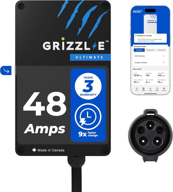 Grizzl-E 48A Ultimate Level 2 Fast Electric Vehicle (EV) Charger, UL Tested and Certified, Metal Case, Indoor/Outdoor Electric Car Fast Charging Station, Hardwired, Classic Black, J1772
