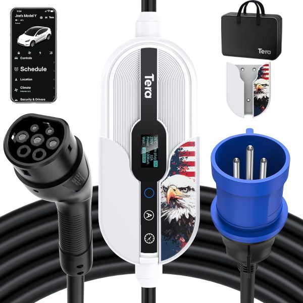 Tera Electric Vehicle Charger Level-2: Level 1 for Tesla J1772 EV 32A 8A 110V 240V Portable & Wall Connector Dual Use ETL NEMA 14-50 & 5-15 Wi-Fi Enabled 25FT Cable with Holder P01