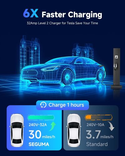Level 2 EV Charger for Tesla Charger, 32Amp 240V 7.68kW NACS EV Charger, NEMA 14-50 Plug, Adjustable Current, 25FT Portable Electric Car Charger Compatible with All Nacs (Silver)