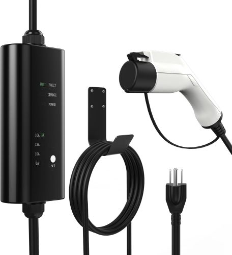 Portable EV Charger, NEMA 5-15 110v-120v Level 1 EV Charger,Adjustable Amp 6A/10A/13A/16A with 16.4Ft Cable, Home Electric Car Charger Stations for J1772 EVs, Tesla Need Adapter