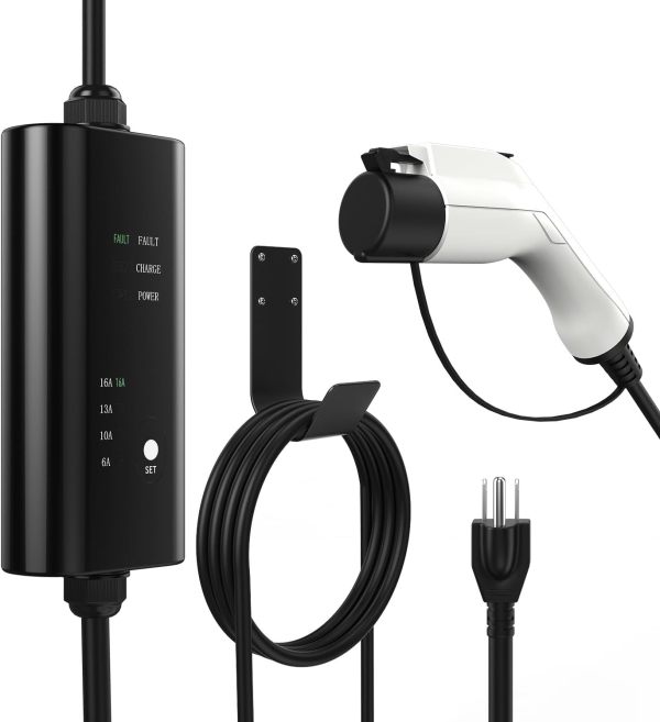 Portable EV Charger, NEMA 5-15 110v-120v Level 1 EV Charger,Adjustable Amp 6A/10A/13A/16A with 16.4Ft Cable, Home Electric Car Charger Stations for J1772 EVs, Tesla Need Adapter