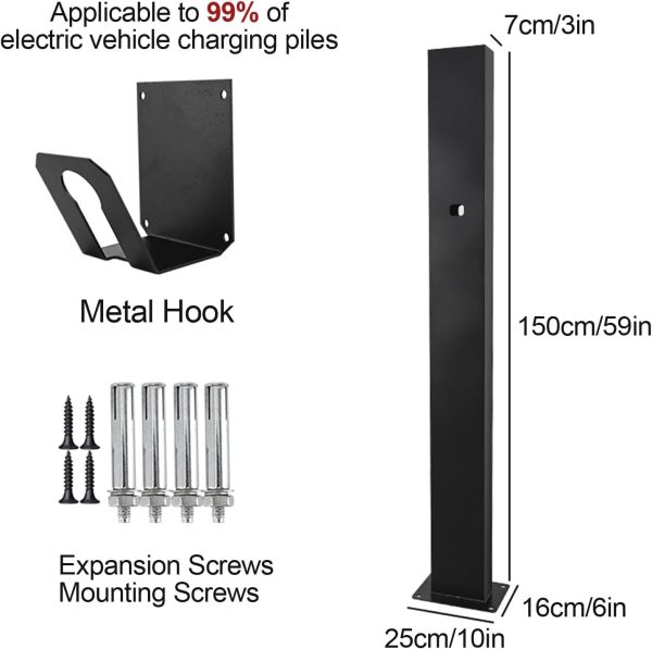 Outdoor EV Charging Stand, Pedestal Mounted EV Charging Station, Electric Vehicle Pile, Universal Wall Charger Holder, Floor Mounted, All Weather(Black)