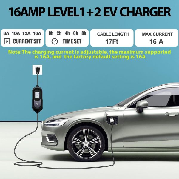 EV Charger Level 1+2, 16Amp 110V/240V Portable Level 1 Level 2 Electric Vehicle Charging Station with NEMA 6-20 Plug & NEMA 5-15 Adapter for J1772 Electric Cars