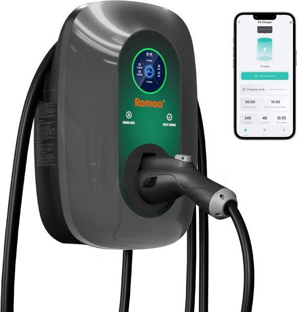 Level 2 EV Charger 48 Amp, Hardwired EV Charger Level 2, APP Control, Adjustable Current, Delay Timer, 25ft Cable, 240V J1772 Charger, EV Chargers for Home Level 2, FCC & ETL Certified, LCD Display