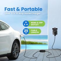EV+ Level 2 EV Charger, 16A Portable Electric Vehicle Charging Station, SAE J1772 EV Charging Cable 25-Ft with NEMA 6-20 Plug, EVSE Travel Case, Home EV Charging Station