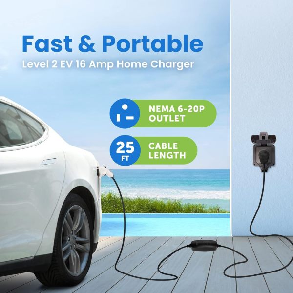 EV+ Level 2 EV Charger, 16A Portable Electric Vehicle Charging Station, SAE J1772 EV Charging Cable 25-Ft with NEMA 6-20 Plug, EVSE Travel Case, Home EV Charging Station