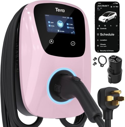 Tera Electric Vehicle Charger for Tesla: J1772 EVs ETL Certified Level 2 48 40 Amp 240 Volt Tesla Home EVSE with Manual Setting Amps Schedule on Unit NEMA 14-50 25 FT Cable Pink