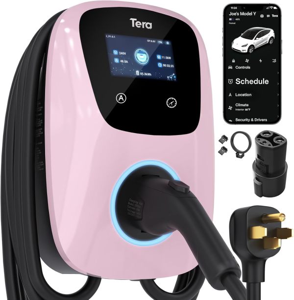 Tera Electric Vehicle Charger for Tesla: J1772 EVs ETL Certified Level 2 48 40 Amp 240 Volt Tesla Home EVSE with Manual Setting Amps Schedule on Unit NEMA 14-50 25 FT Cable Pink