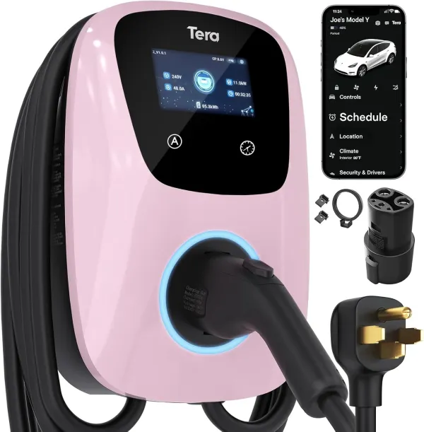 Tera Electric Vehicle Charger for Tesla: J1772 EVs ETL Certified Level 2 48 40 Amp 240 Volt Tesla Home EVSE with Manual Setting Amps Schedule on Unit NEMA 14-50 25 FT Cable Pink