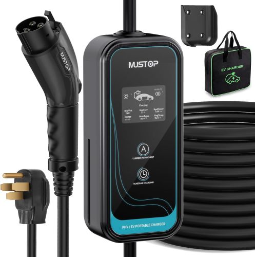 Level 2 Portable EV Charger (32 Amp, 110V-240V, 20ft，NEMA 14-50P),IP65 Waterproof, LCD Screen Electric Vehicle Charger Plug-in EV Charging Station with Delay Function for All J1772 EVs